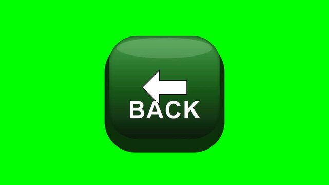3D animation of a glossy dark green square "BACK" button with a white arrow on a green screen. Ideal for user interface navigation in web and app design