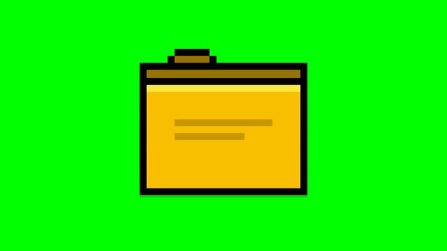 Animation of a retro pixel art yellow folder opening and closing on a green screen. Simulates file management and vintage computer operating systems