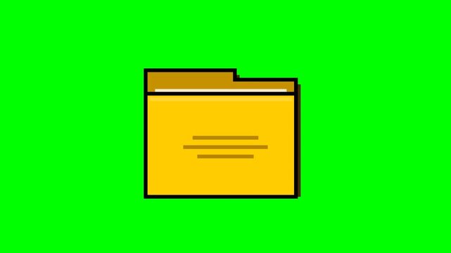 2D animation of a yellow folder opening and closing to reveal a document on a green screen. Ideal for file management, data storage, and digital archiving