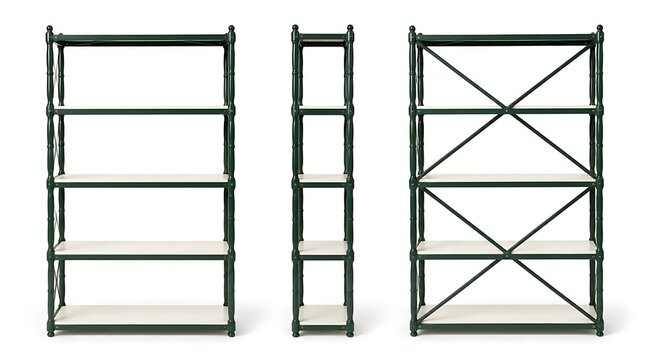 Modern industrial style shelving units in different perspectives.