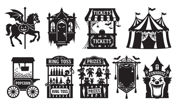 Halloween carnival collection with a winged carousel horse, haunted house, ticket booth, circus tent, popcorn cart, ring toss, prize stall, and a scary clown funhouse entrance