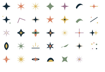 Obraz premium Set of boho spark and star icons, aesthetic colorful vector sparkles elements