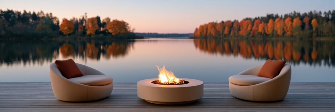Panoramic lakeside deck with circular fire pit and two modern lounge chairs at autumn sunset for fall wallpaper and banner background for relaxation
