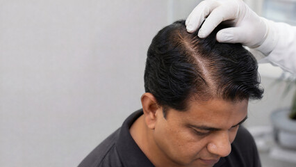 Fototapeta premium Androgenetic Alopecia with Diffuse Crown Hair Thinning During Dermatological Examination