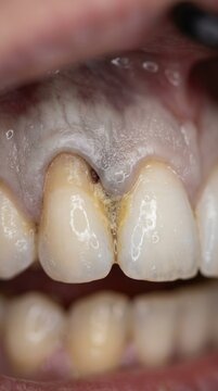 Pale ischemic gums with severe capillary vasoconstriction from nicotine exposure, showing yellow plaque and tartar accumulation on human teeth, demonstrating oral tissue starvation.
