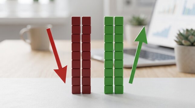 Red and green stacks of cubes with arrows showing financial transformation and market trends