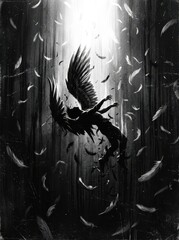 Naklejka premium Dramatic Black and White Illustration of a Falling Angel with Scattered Feathers and Ethereal Light