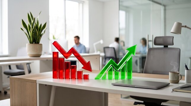 Financial indicators showing cost fluctuations with rising and falling 3D charts in modern office