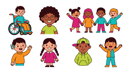 Fototapeta premium Children Set with Diverse Appearances and Abilities, Smiling and Waving. Inclusive Friendship Illustration for Kids and Families.