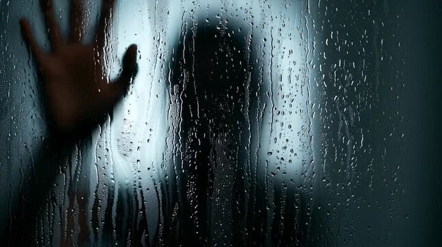 A shadowy figure seen through the heavy steam and condensation on a bathroom mirror or shower door.