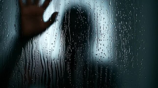 A shadowy figure seen through the heavy steam and condensation on a bathroom mirror or shower door.