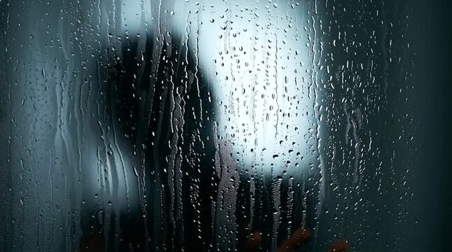 A shadowy figure seen through the heavy steam and condensation on a bathroom mirror or shower door.
