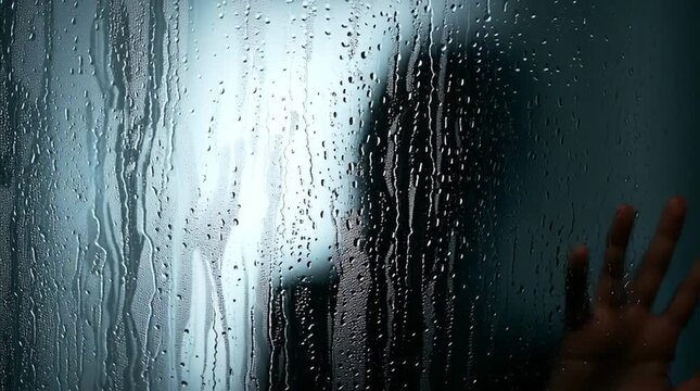 A shadowy figure seen through the heavy steam and condensation on a bathroom mirror or shower door.