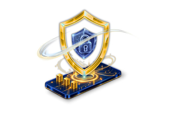 Isometric 3D Crypto Security Icon: Golden Shield and Lock Hologram on Smartphone with Gold Coins on Transparent Background

Keywords: