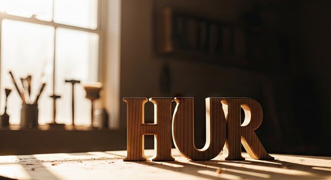 Wooden letters spelling HUR in sunlit workshop