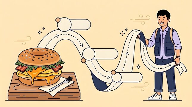 Man Holding Long Recipe Process Roadmap Next to Fresh Delicious Bagel Burger Sandwich on Wooden Board