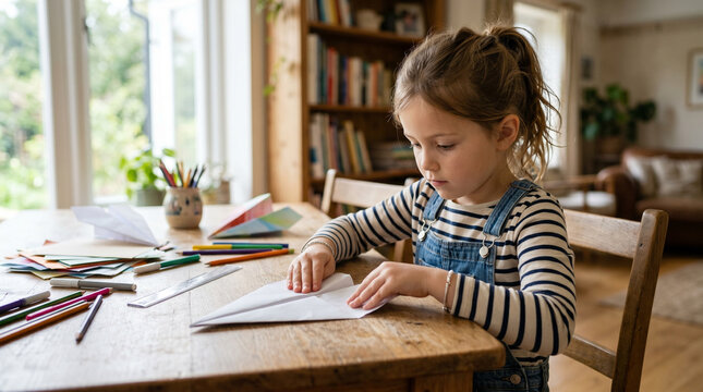 A girl folds a paper airplane at a wooden table