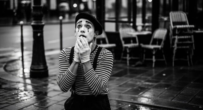 Emotional mime performer standing in rainy outdoor cafe.