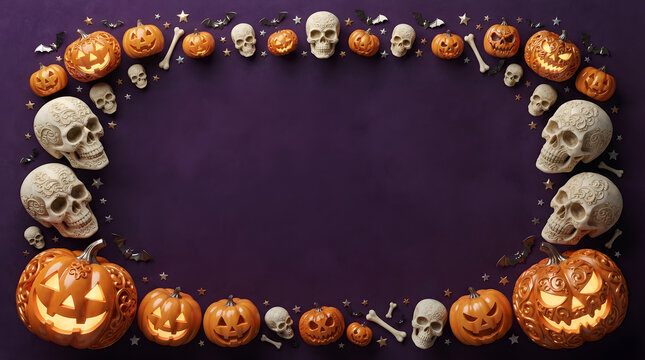 Halloween pumpkin and skull frame border on dark purple background for spooky holiday design
