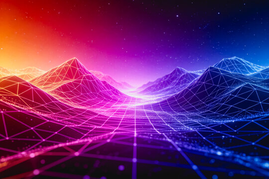 A futuristic 3D wireframe landscape of mountains and valleys, rendered with vibrant neon gradient colors and floating particles, representing digital technology and abstract design.