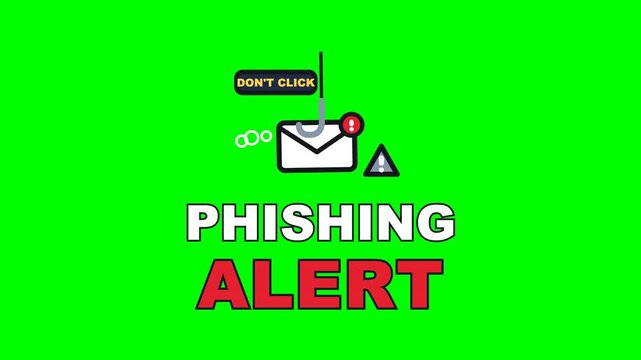 4K green screen PHISHING ALERT animated text - a hook swinging a fake mail on the line, kinetic typography cyber security overlay for tech content and social media, chroma key