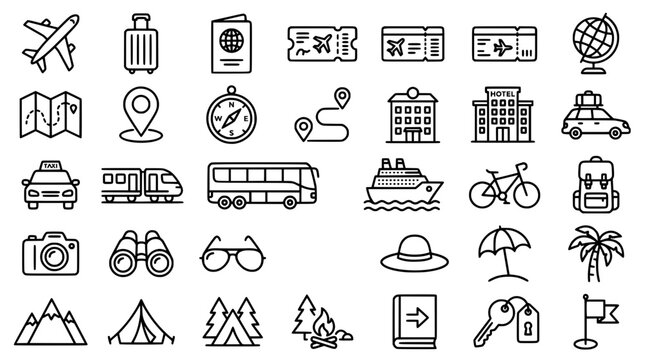 Travel journey tourism vacation transportation and exploration editable outline icon set