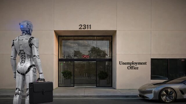 Futuristic robot outside unemployment office