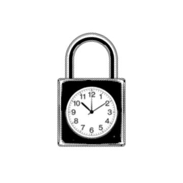 Heavy Modern Padlock Integrated with Minimal Clock Face Inside Halftone Art on White Background. Retro Pop Art Padlock and Clock Illustration on White Background.