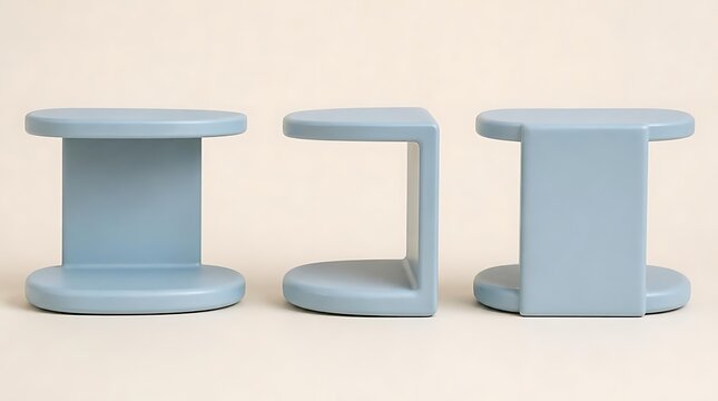 Three light blue modern geometric stools arranged in a row on a plain background.