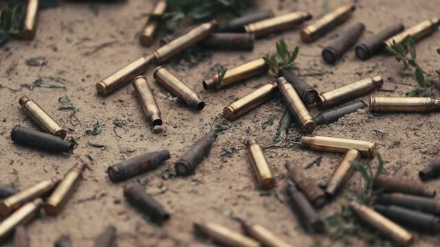 Close-up of spent brass cartridge cases of different sizes lying on sandy ground at an outdoor shooting range.
