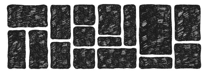 Obraz premium Set of rectangular liquid frames with organic texture of crayon, chalk or pastel . Stamps with rectangle shapes. Black vector illustration on a white background.