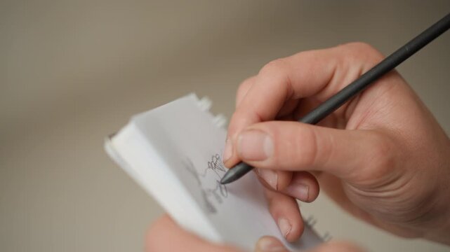Close up of hand holding electronic pen and drawing on small white paper with faint lines showing gradual sketch progression. background is soft beige without distinct features emphasizing
