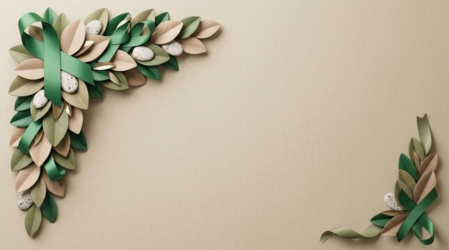 Craft leaf and green ribbon arrangement in the corner with corner decoration