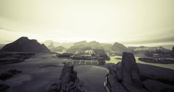 High ridge overlooking scattered coastal settlement and shimmering lagoon, panoramic lookout with cairn markers and rugged foreground texture, calm early light