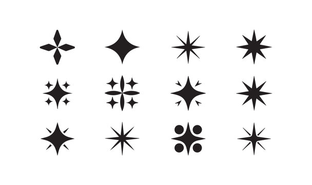 Retro twinkling sparkle collection and black geometric starburst elements for celestial theme graphic layouts.