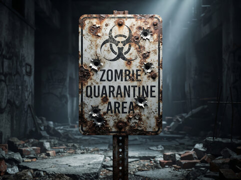 Post-Apocalyptic Zombie Quarantine Area Warning Sign in Ruined Urban City
