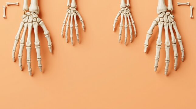 A creative 3d halloween skeleton hand background border featuring realistic bony hands arranged on a solid light orange surface backdrop