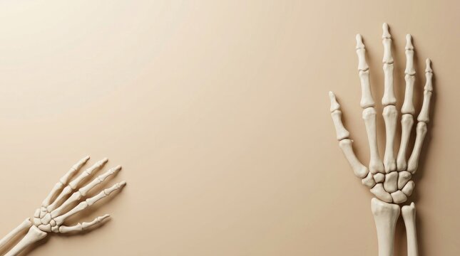 A high quality 3d halloween skeleton hand background border featuring realistic bone structures on a clean neutral beige surface design