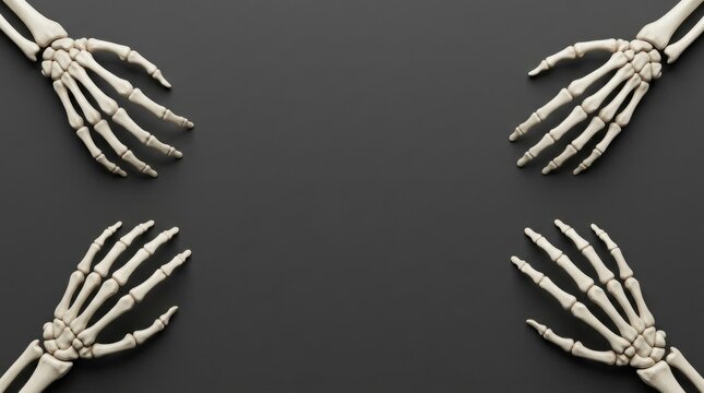 A high quality 3d halloween skeleton hand background border featuring realistic bony hands positioned on a dark grey surface