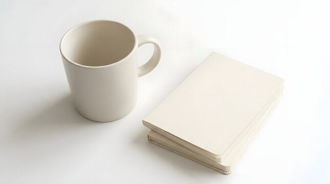 White mug and blank card stack on bright surface.