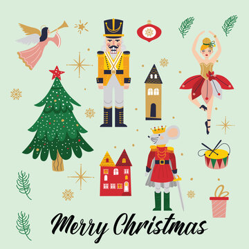 Festive Christmas illustrations with nutcracker soldiers ballerinas and seasonal decorations on a mint green background