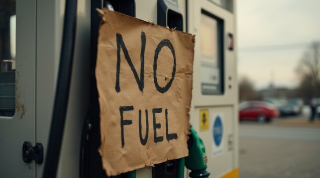 Handwritten 'NO FUEL' sign on a gas pump at a petrol station, indicating a fuel shortage or supply issue, with blurred background of cars and an outdoor setting.