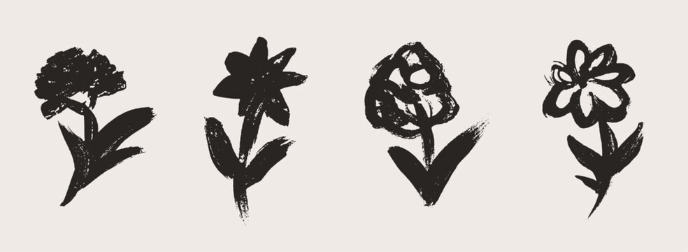 Grunge charcoal ink autumn or summer abstract cut out flowers for scrapbook collage design. Hand drawn garden and forest wax crayon botanic herbal stickers. Vector illustration scribble silhouette.