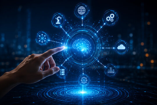 Hand Pointing at Glowing Holographic Brain Icon Circuit Network Artificial Intelligence Automation Cloud Data Storage Systems and Global Business Technology Integration
