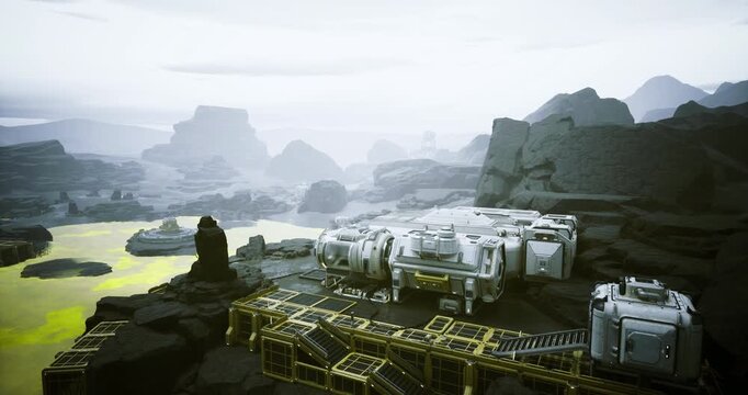 industrial base on alien marshland with cargo vehicles and modular hangars supply operations, resupply convoy activity and heavy logistics visible