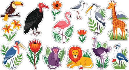 Naklejka premium African Wildlife and Safari Animal Sticker Set Featuring Lion, Giraffe, Monkey, Flamingo, and Tropical Flowers Vector Illustrations for Kids,