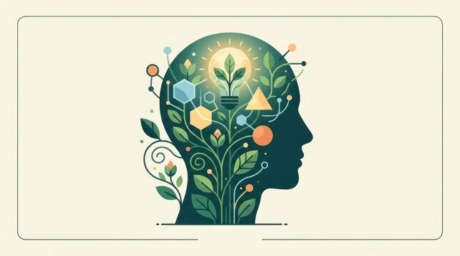 Human head silhouette filled with green leaves and geometric shapes symbolizing ecological mindfulness and mental health brain function nature connection silhouette mindfulness psychology