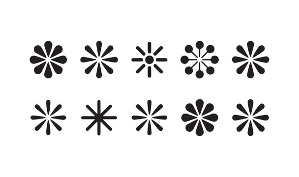 Symmetrical flower burst icons collection offers rounded petal arrangements for creative pattern decoration.