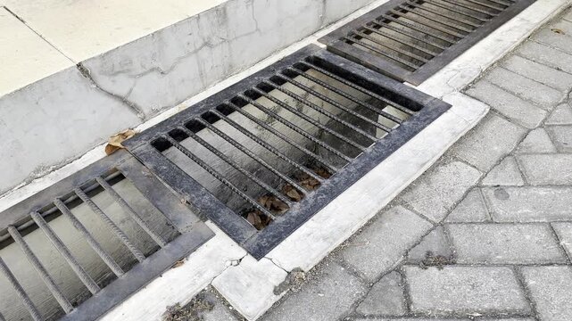 High angle view of a metal drainage grate on a cracked concrete sidewalk
