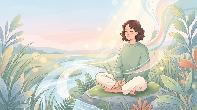 Young woman meditating peacefully in lotus pose outdoors surrounded by lush river landscape and flowing energy streams with mental health meditating outdoors mindfulness relaxation wellness